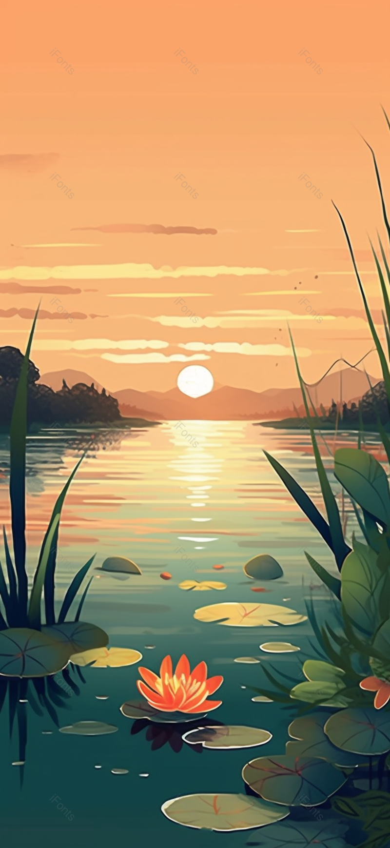 湖边落日荷叶芦苇背景,插画/手绘图,插画/手绘图库,插画/手绘图下载,插画/手绘